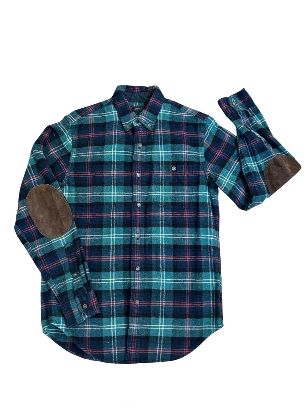 J. Crew Blue Green Plaid Flannel Long Sleeve Shirt with Elbow Patches Size Small